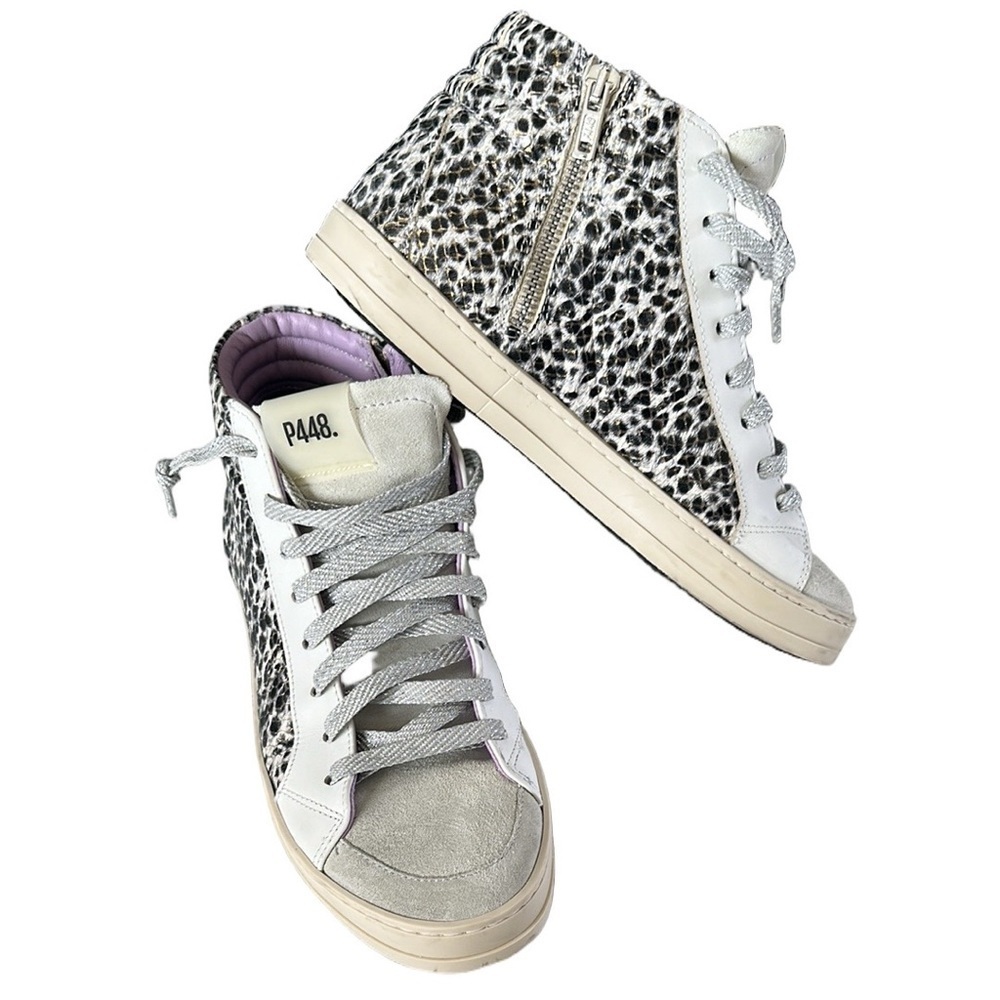 P448 Women’s Skate Glitter Lace-Up High Top Sneakers Size 38 Leather Shoe Italy